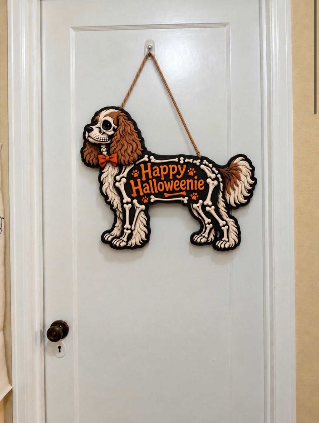 🎃 CavalierBones™ – "Happy Halloweenie" Skeleton Door Hanger