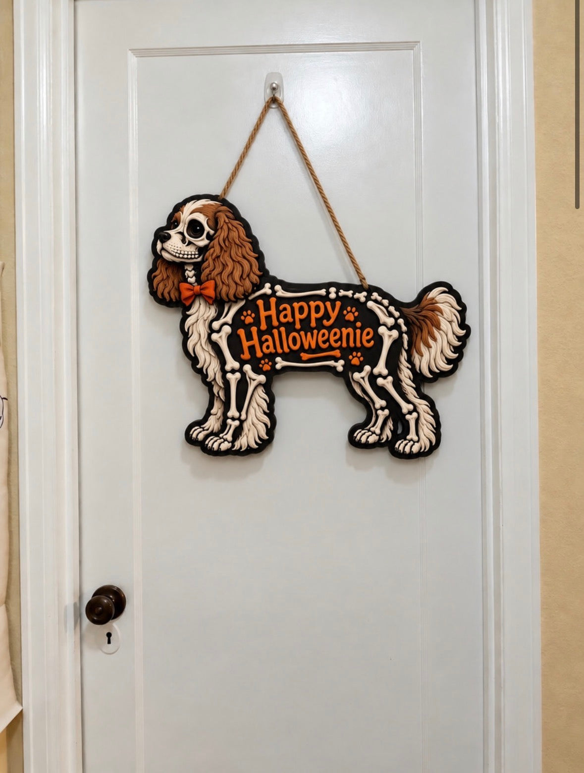 🎃 CavalierBones™ – "Happy Halloweenie" Skeleton Door Hanger