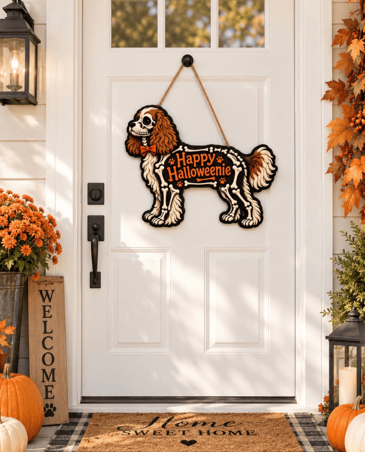 🎃 CavalierBones™ – "Happy Halloweenie" Skeleton Door Hanger