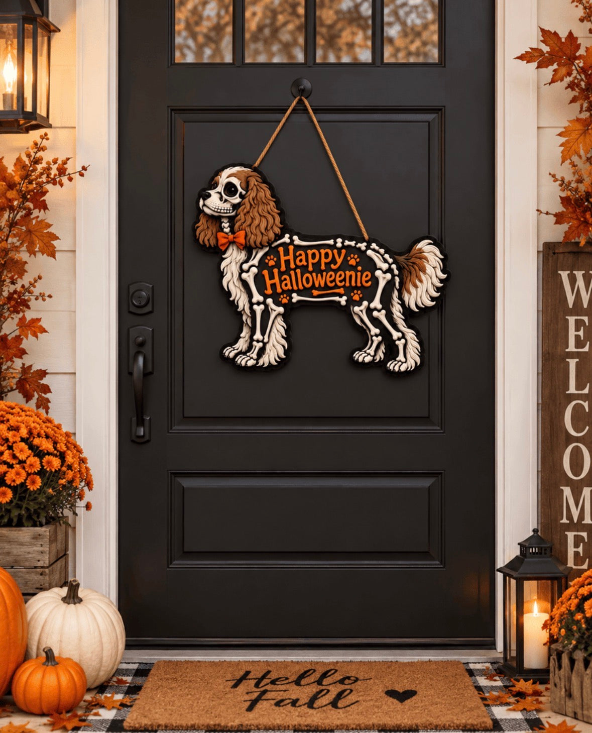 🎃 CavalierBones™ – "Happy Halloweenie" Skeleton Door Hanger