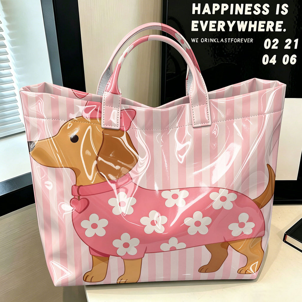 "Pink Stripe Pup" Dachshund Tote Bag
