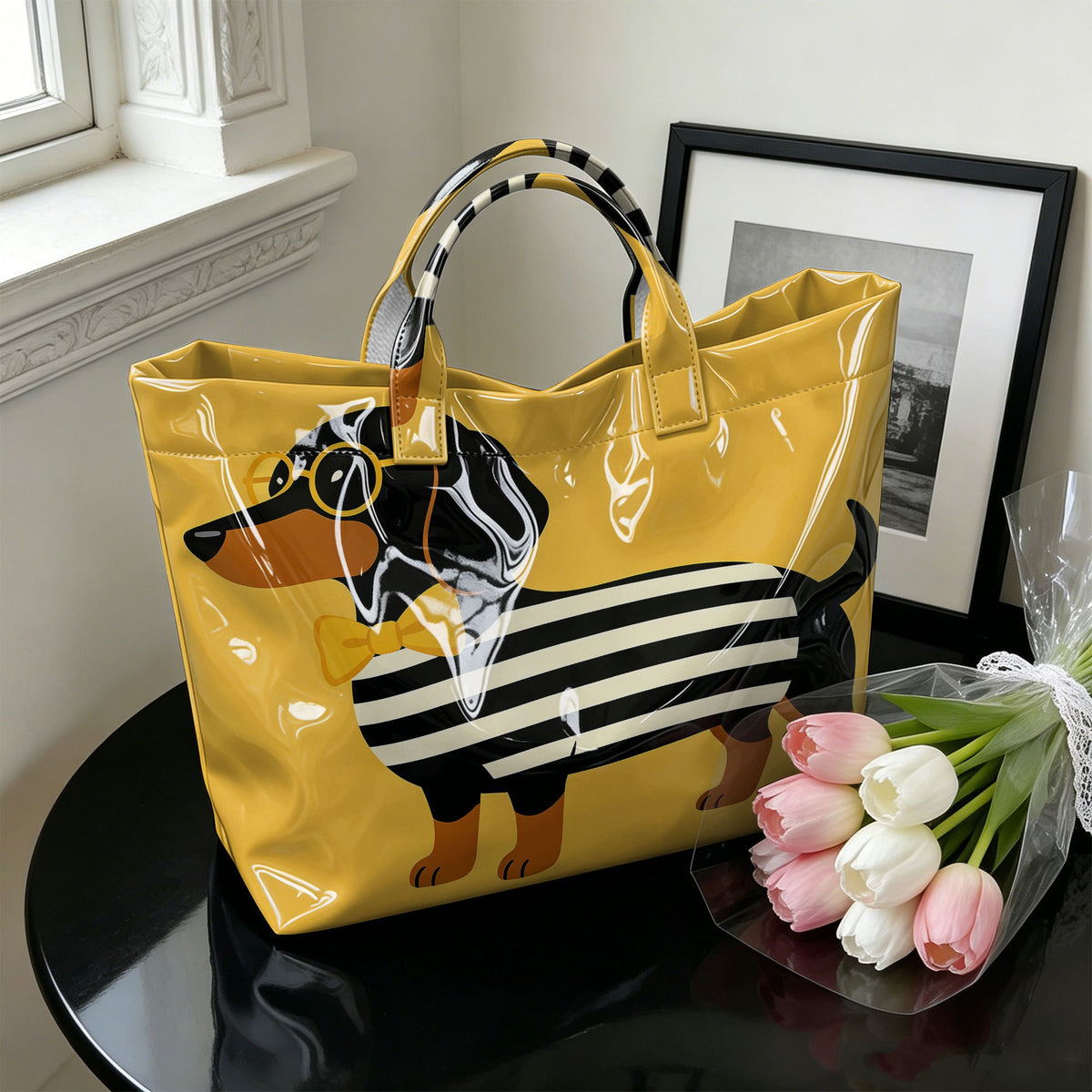 "Pink Stripe Pup" Dachshund Tote Bag