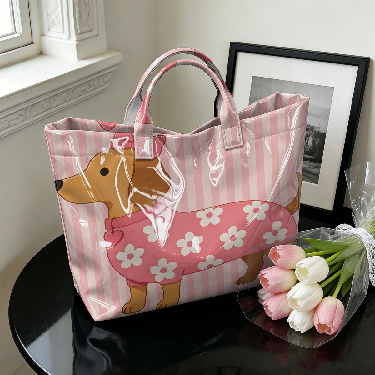 "Pink Stripe Pup" Dachshund Tote Bag