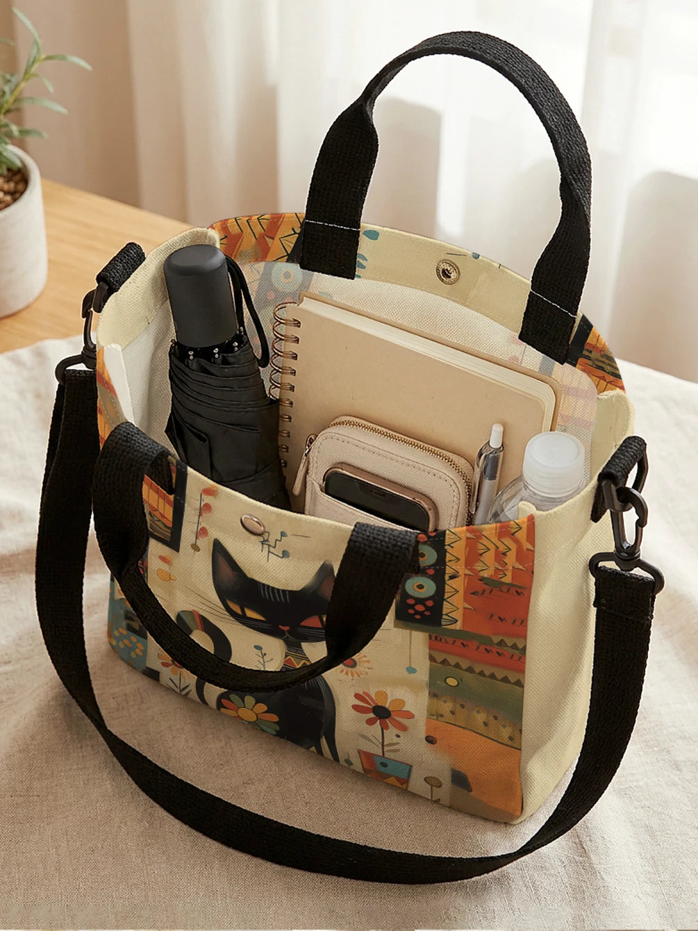 Abstract Geometric Floral Black Cat Art Print Tote Bag Detachable Strap Crossbody Handbag For Women Daily Shopping