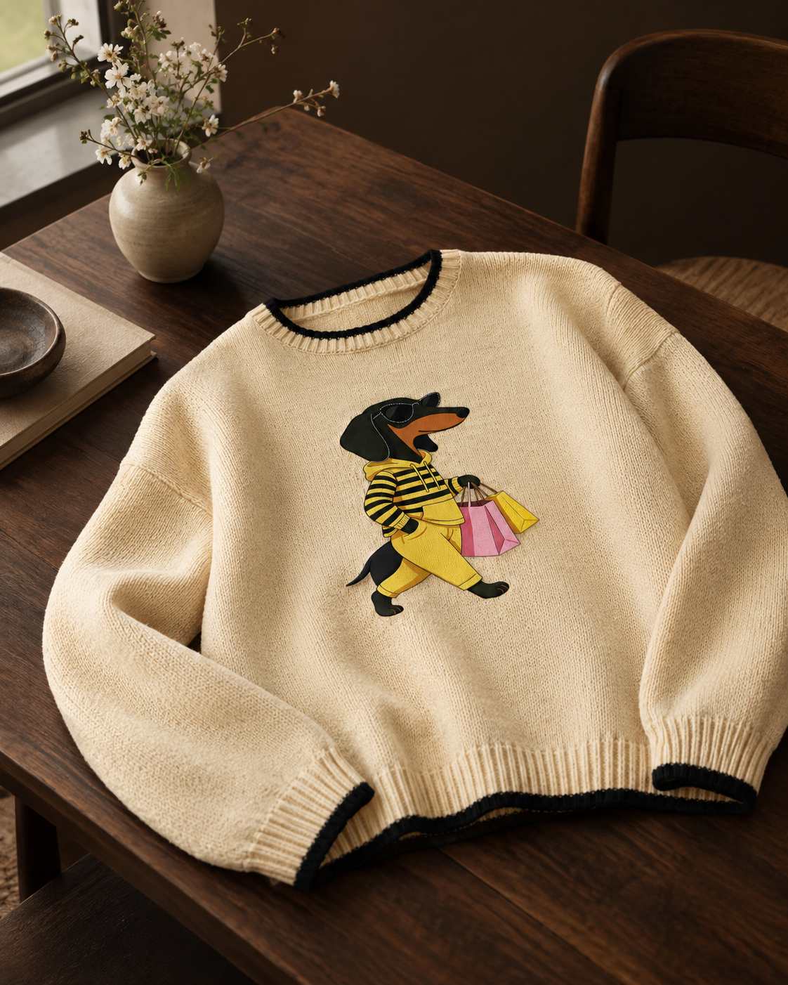 "Shopping Spree" Dachshund Crew-Neck Sweater