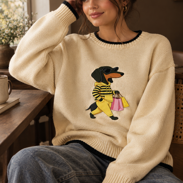 "Shopping Spree" Dachshund Crew-Neck Sweater